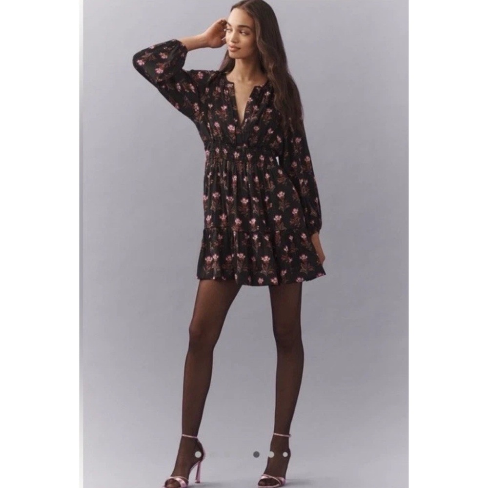 Anthropologie Somerset Long Sleeve Silky Floral Print Mini Dress Size Medium